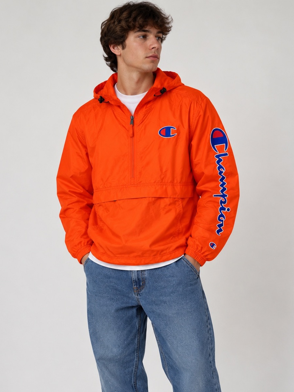 Champion Men’s Orange Packable Anorak Windbreaker Jacket Logo Sleeve Size M